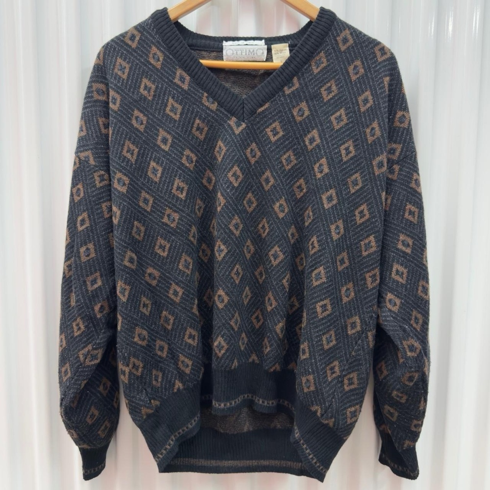 Vintage Ottimo Sweater Mens LARGE Gray Diamond Argyle Knit Made In Italy Wool